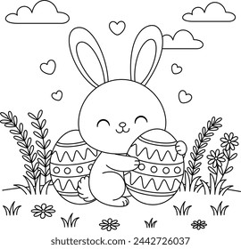 Cute kawaii bunny is hugging a decorated Easter egg cartoon character on flower background coloring page vector illustration for kids