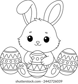 Cute kawaii bunny is hugging a decorated Easter egg cartoon character coloring page vector illustration for kids