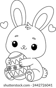 Cute kawaii bunny is hugging a decorated Easter egg cartoon character coloring page vector illustration for kids