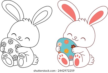 Cute kawaii bunny is hugging a decorated Easter egg cartoon character coloring page vector illustration for kids