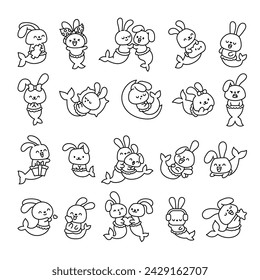 Cute kawaii bunny mermaid. Coloring Page. Cartoon little rabbit. Fantasy animal characters. Hand drawn style. Vector drawing. Collection of design elements.