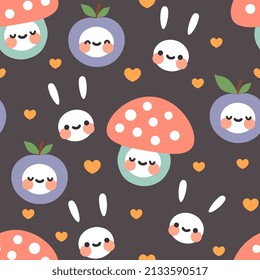 cute kawaii bunny, mushroom, apple, forest kids seamless pattern design, fabric and textile nature print, pastel colors, deep brown wallpapers for children, eps vector