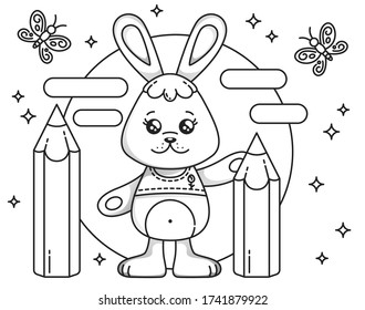 Cute Kawaii Bunny with Pencils and Butterfly. Beautiful Kawaii Coloring Page Vector Illustration for Greeting Card/ Poster/ Sticker / Coloring Book.