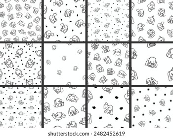 Cute kawaii bunny. Seamless pattern. Coloring Page. Cartoon little rabbit characters. Hand drawn style. Vector drawing. Collection of design ornaments.