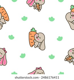 Cute kawaii bunny. Seamless pattern. Cartoon little rabbit characters. Hand drawn style. Vector drawing. Design ornaments.