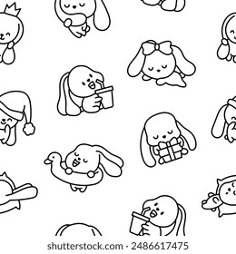 Cute kawaii bunny. Seamless pattern. Coloring Page. Cartoon little rabbit characters. Hand drawn style. Vector drawing. Design ornaments.