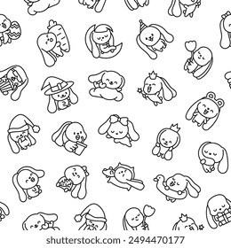 Cute kawaii bunny. Seamless pattern. Coloring Page. Cartoon little rabbit characters. Hand drawn style. Vector drawing. Design ornaments.