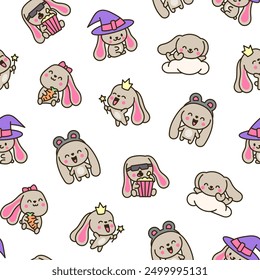 Lindo conejito kawaii. Patrón sin fisuras. Personajes de conejo de dibujos animados. Estilo dibujado a mano. Dibujo de Vector. Diseña adornos.