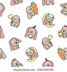 Cute kawaii bunny. Seamless pattern. Cartoon little rabbit characters. Hand drawn style. Vector drawing. Design ornaments.