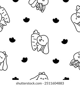 Cute kawaii bunny. Seamless pattern. Coloring Page. Cartoon little rabbit characters. Hand drawn style. Vector drawing. Design ornaments.