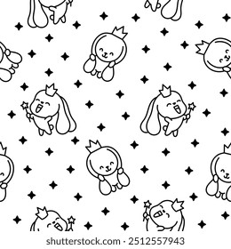 Cute kawaii bunny. Seamless pattern. Coloring Page. Cartoon little rabbit characters. Hand drawn style. Vector drawing. Design ornaments.