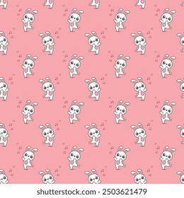 Cute kawaii bunny. Seamless vector pattern with rabbits and kawaii elements. 