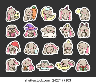 Cute kawaii bunny. Sticker Bookmark. Cartoon little rabbit characters. Hand drawn style. Vector drawing. Collection of design elements.