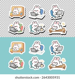 Cute kawaii bunny sticker pack working from home. Perfect for planners, digital journaling, and cozy remote work-themed designs.