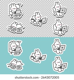 Cute kawaii bunny sticker pack working from home. Perfect for planners, digital journaling, and cozy remote work-themed designs.