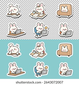 Cute kawaii bunny sticker pack working from home. Perfect for planners, digital journaling, and cozy remote work-themed designs.