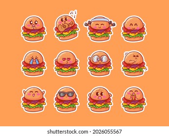 Cute and Kawaii Burger Character Sticker Illustration Set With Various Activity and Happy Expression for mascot badge