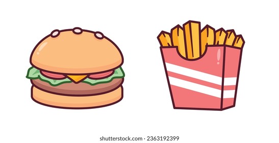 Cute Kawaii Burger, Hamburger and French Fries Potato Fast Food Clipart, Sticker, Illustration