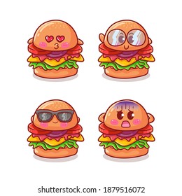 Cute and Kawaii Burger Sticker Illustration Set With Various Activity and Expression (kiss, nerd, sunglasses, fearful) for mascot