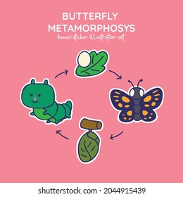 Cute And Kawaii Butterfly Metamorphosys Sticker Illustration Set From Egg, Caterpillar, Chrysalis In To Butterfly
