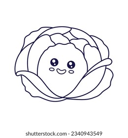 Cute Kawaii Cabbage cartoon kids illustration. Food vegetable outline line art illustration. Cabbage character, mascot in Doodle style. Kids Coloring book