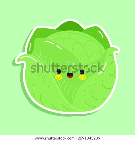 Cute kawaii cabbage vegetable sticker with a happy smiling face, representing healthy eating and vegan food