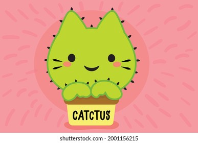 Cute Kawaii Cactus Cat Vector