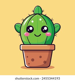 Lindo cactus Kawaii Character , Cactus alegre de dibujos animados con una gran sonrisa, mejillas sonrojadas y ojos brillantes dentro de una olla marrón sobre un fondo amarillo