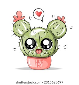Cute kawaii cactus character in  pink pots. Cactus with eyes on the white background. Hand drawn vector clip art, illustration. Can be used for t-shirt print, greeting card design. 