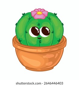 Cute kawaii cactus with flower in pot. Vector illustration