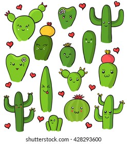 Cute kawaii cactus pattern isolated on white with hearts, vector drawing 
