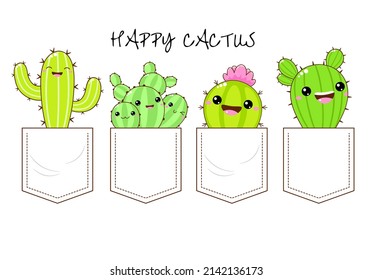 Cute kawaii cactus en juego de bolsillo. Colección de cactús en bolsillos. Impresión infantil con cactús graciosos para el diseño de camisetas. Ilustración del vector EPS8