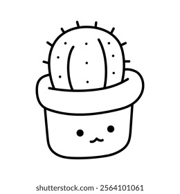 Cute kawaii cactus in a pot. Black and white illustration, hand drawn coloring.