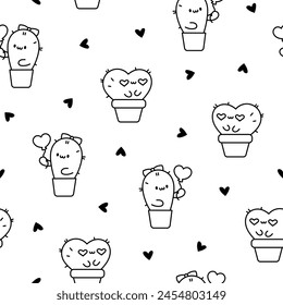 Cute kawaii cactus. Seamless pattern. Coloring Page. Funny succulent plant with happy face. Hand drawn style. Vector drawing. Design ornaments.