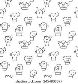 Cute kawaii cactus. Seamless pattern. Coloring Page. Funny succulent plant with happy face. Hand drawn style. Vector drawing. Design ornaments.