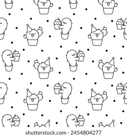 Netter Kawaii-Kaktus. Nahtloses Muster. Seite färben. Lustige saftige Pflanze mit glücklichem Gesicht. Handgezeichneter Stil. Vektorgrafik zeichnen. Design Ornamente.