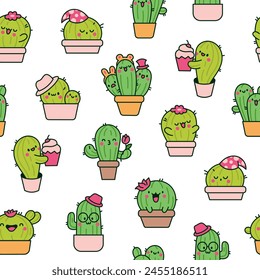 Cute kawaii cactus. Seamless pattern. Funny succulent plant with happy face. Hand drawn style. Vector drawing. Design ornaments.