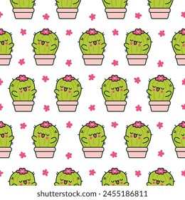 Cute kawaii cactus. Seamless pattern. Funny succulent plant with happy face. Hand drawn style. Vector drawing. Design ornaments.