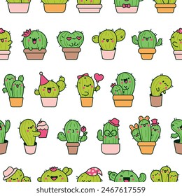 Cute kawaii cactus. Seamless pattern. Funny succulent plant with happy face. Hand drawn style. Vector drawing. Design ornaments.