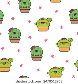 Cute kawaii cactus. Seamless pattern. Funny succulent plant with happy face. Hand drawn style. Vector drawing. Design ornaments.
