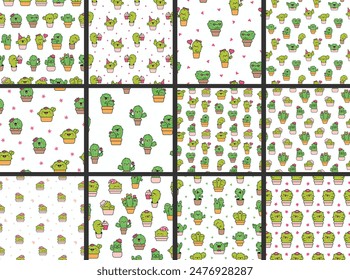 Cute kawaii cactus. Motif harmonieux. Plante succulente amusante au visage joyeux. Style dessiné à la main.  dessin de Image vectorielle. Collection d'ornements design.