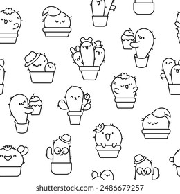 Cute kawaii cactus. Seamless pattern. Coloring Page. Funny succulent plant with happy face. Hand drawn style. Vector drawing. Design ornaments.