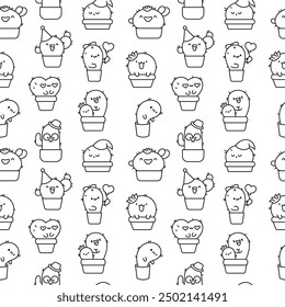 Cute kawaii cactus. Seamless pattern. Coloring Page. Funny succulent plant with happy face. Hand drawn style. Vector drawing. Design ornaments.