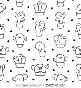 Cute kawaii cactus. Seamless pattern. Coloring Page. Funny succulent plant with happy face. Hand drawn style. Vector drawing. Design ornaments.