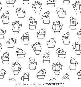 Cute kawaii cactus. Seamless pattern. Coloring Page. Funny succulent plant with happy face. Hand drawn style. Vector drawing. Design ornaments.