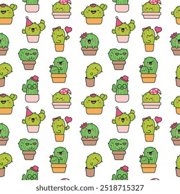 Cute kawaii cactus. Seamless pattern. Funny succulent plant with happy face. Hand drawn style. Vector drawing. Design ornaments.