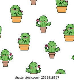 Cute kawaii cactus. Seamless pattern. Funny succulent plant with happy face. Hand drawn style. Vector drawing. Design ornaments.