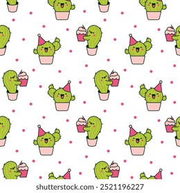 Cute kawaii cactus. Seamless pattern. Funny succulent plant with happy face. Hand drawn style. Vector drawing. Design ornaments.