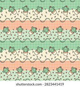 Cute Kawaii Cactus Seamless Pattern with Smiling Potted Succulents Floral Grid Pastel Botanical Background