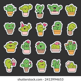 Cute kawaii cactus. Sticker Bookmark. Funny succulent plant with happy face. Hand drawn style. Vector drawing. Collection of design elements.